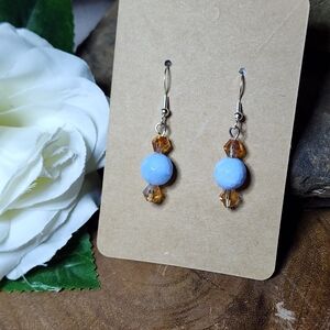 Hand Crafted Dangle Earrings With Blue and Amber Colored Glass Crystal Beads
